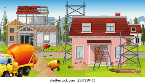 Building construction site scene illustration