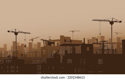 Building construction site with a tower crane and engineer and workers.Vector paper cut style.
