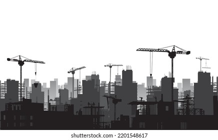 Building construction site with a tower crane and engineer and workers.Vector illustration