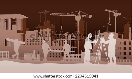Building construction site with a tower crane and engineer and workers.Vector paper cut style.