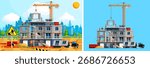Building construction site with various men workers and equipment. Flat style city development project visual for engineering concept.