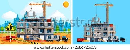 Building construction site with various men workers and equipment. Flat style city development project visual for engineering concept.