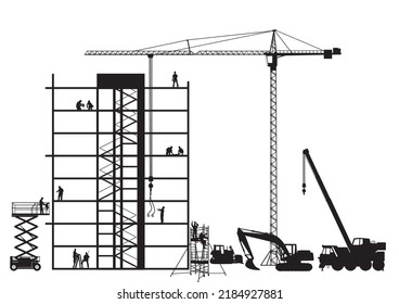 Construcción de edificios con cargador de ruedas y grúa, ilustración