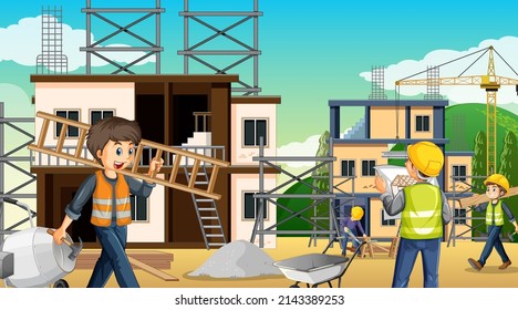 Building construction site with workers illustration