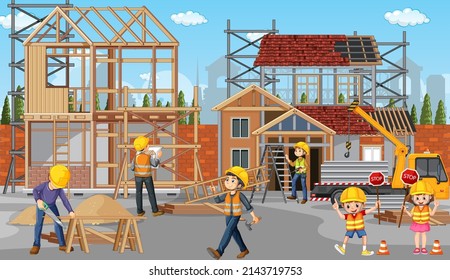 Building construction site with workers illustration