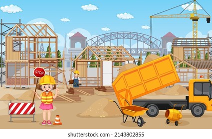 Building construction site and workers illustration