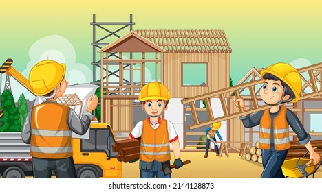 Lugar de construcción de edificios con ilustraciones de trabajadores