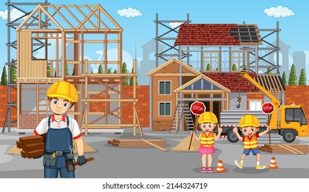 Building construction site and workers illustration