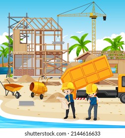 Construcción de edificios e ilustración de los trabajadores