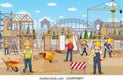 Building construction site with workers illustration