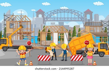 Building construction site and workers illustration