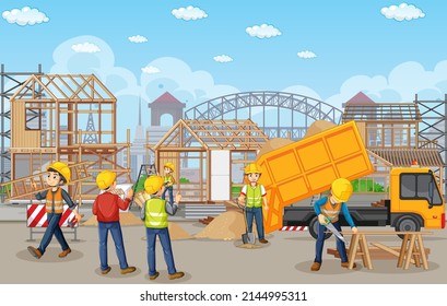 Building construction site with workers illustration