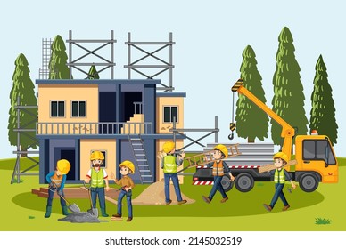 Building construction site with workers illustration