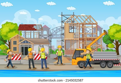 Building construction site with workers illustration