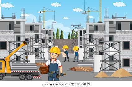 Building construction site and workers illustration