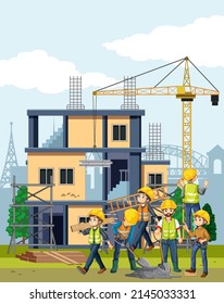 Building construction site with workers illustration
