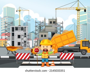 Building construction site and workers illustration
