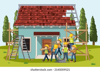 Building construction site with workers illustration