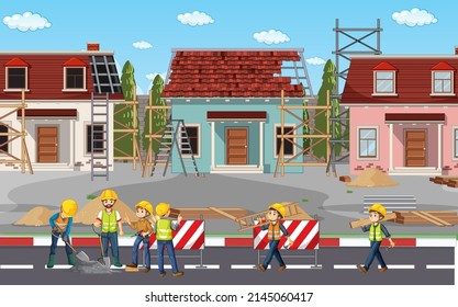 Building construction site with workers illustration