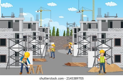 Building construction site with workers illustration