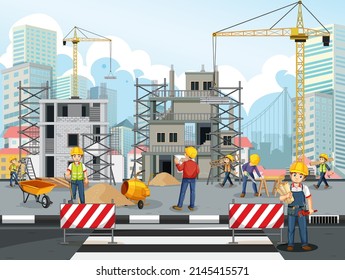 Building construction site with workers illustration