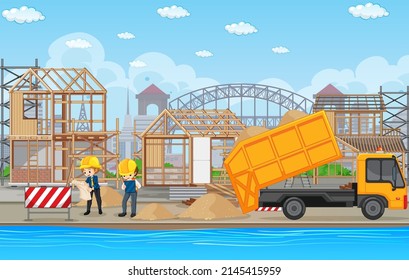 Construcción de edificios e ilustración de los trabajadores