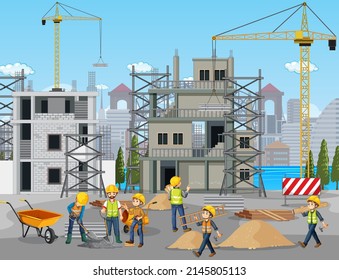 Building construction site with workers illustration