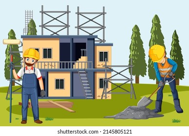 Building construction site with workers illustration