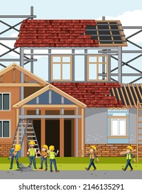 Building construction site with workers illustration