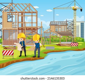 Building construction site and workers illustration