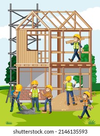 Building construction site with workers illustration
