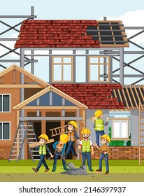 Lugar de construcción de edificios con ilustraciones de trabajadores