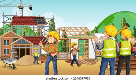 Building construction site with workers illustration