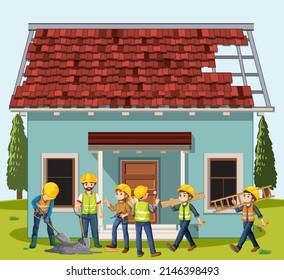 Lugar de construcción de edificios con ilustraciones de trabajadores