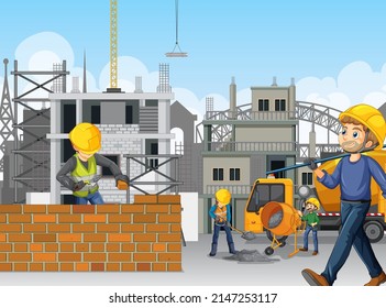 Building construction site with workers illustration