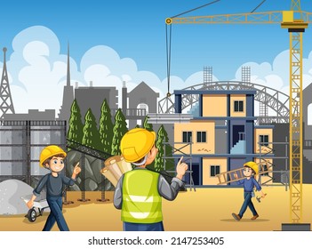 Building construction site with workers illustration