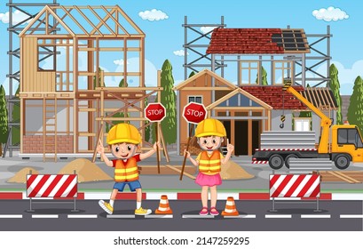 Building construction site and workers illustration