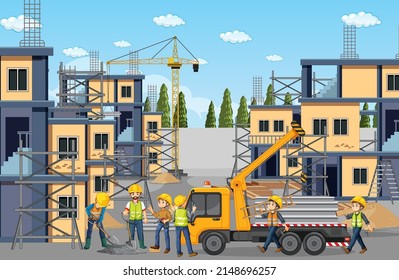 Building construction site with workers illustration