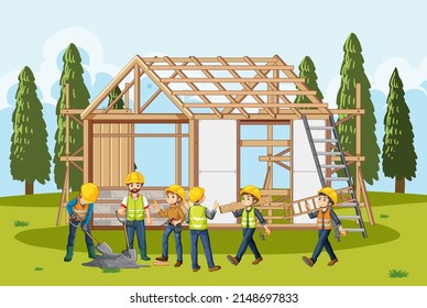 Building construction site with workers illustration