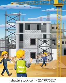 Lugar de construcción de edificios con ilustraciones de trabajadores