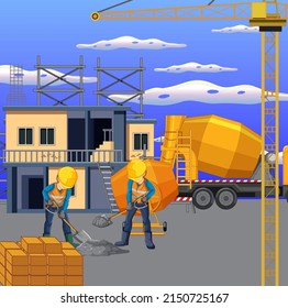 Building construction site with workers illustration