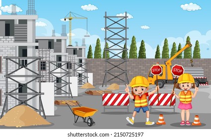 Building construction site and workers illustration