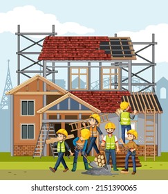Building construction site with workers illustration