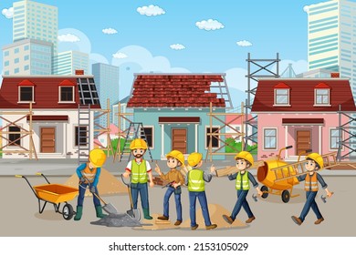 Building construction site with workers illustration