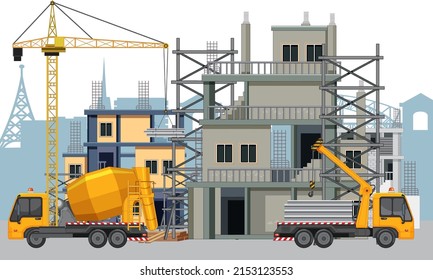 Building construction site with workers illustration