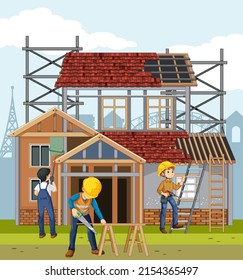 Building construction site with workers illustration