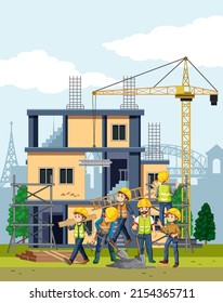 Lugar de construcción de edificios con ilustraciones de trabajadores