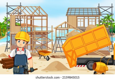 Building construction site and workers illustration