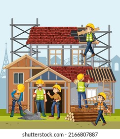 Building construction site with workers illustration