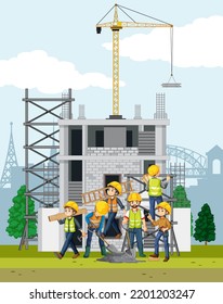Building construction site with workers illustration
